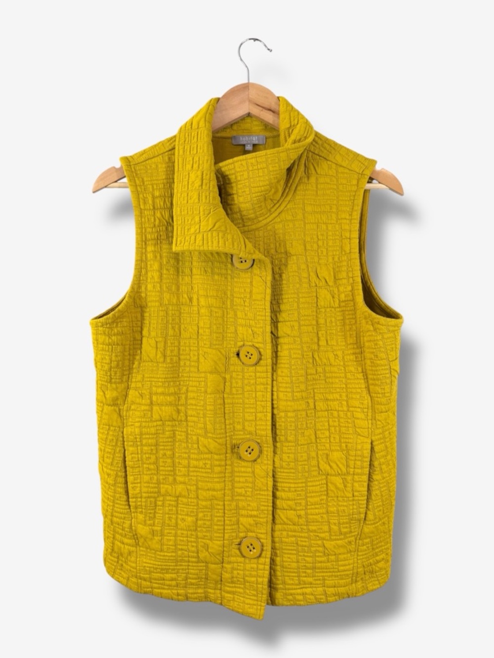Habitat Quilted Pocket Vest Yellow Size M Button Front Lagenlook Spring Boho